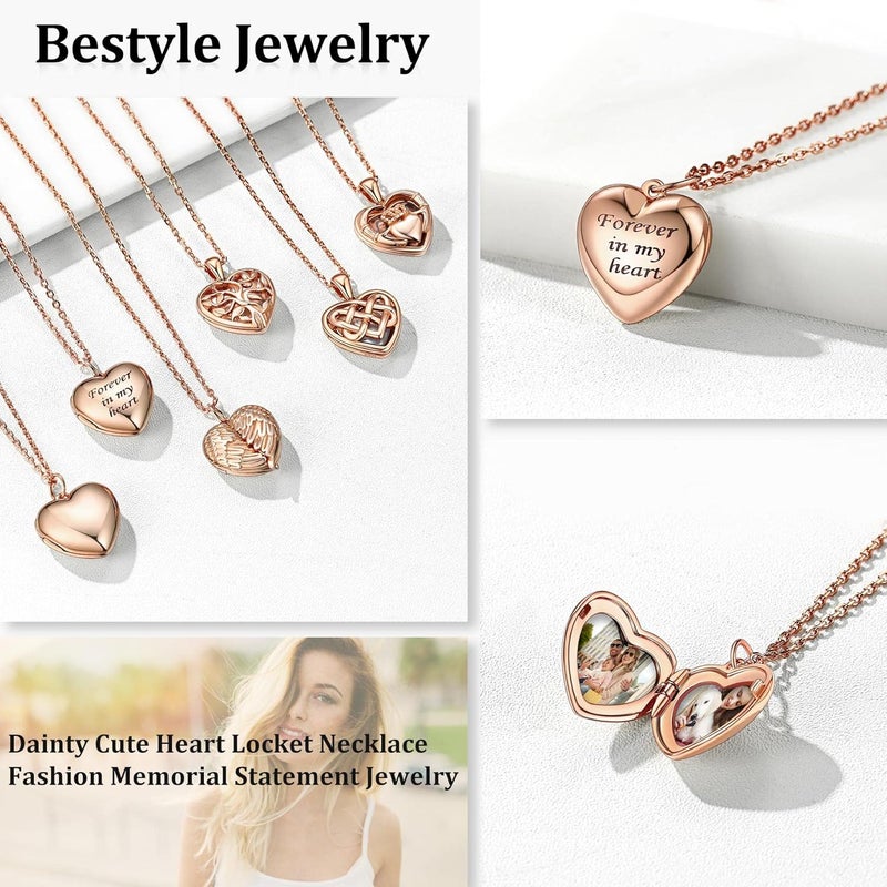 Bestyle Sterling Silver Heart Locket Necklace for Women, Dainty Cute Small Heart Locket Pendant in Gold/Rose Gold/Silver, Love Statement Jewelry Gift for Mother Wife - Image 2